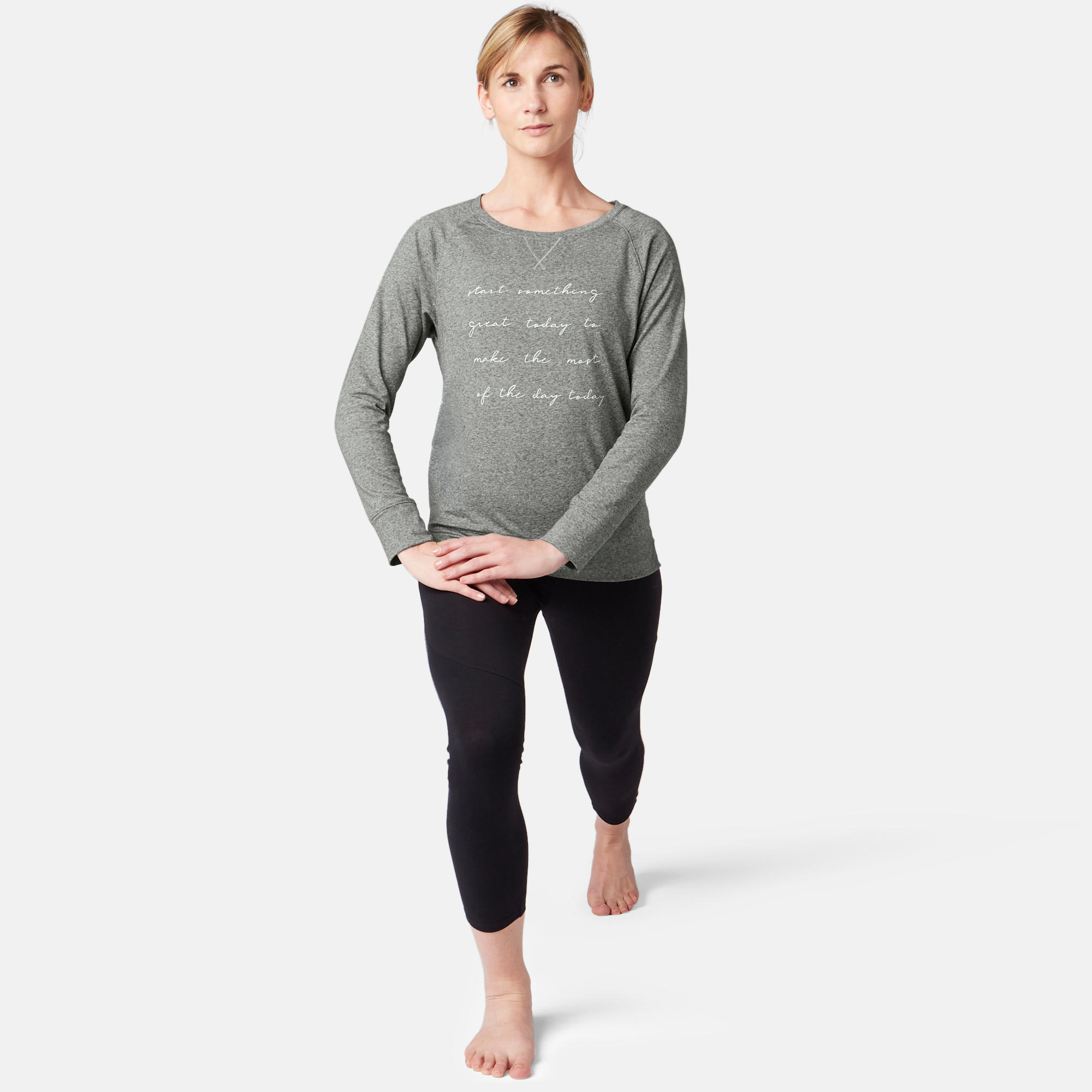 500 Women's Long-Sleeved Pilates & Gentle Gym T-Shirt - Grey Print 3/6