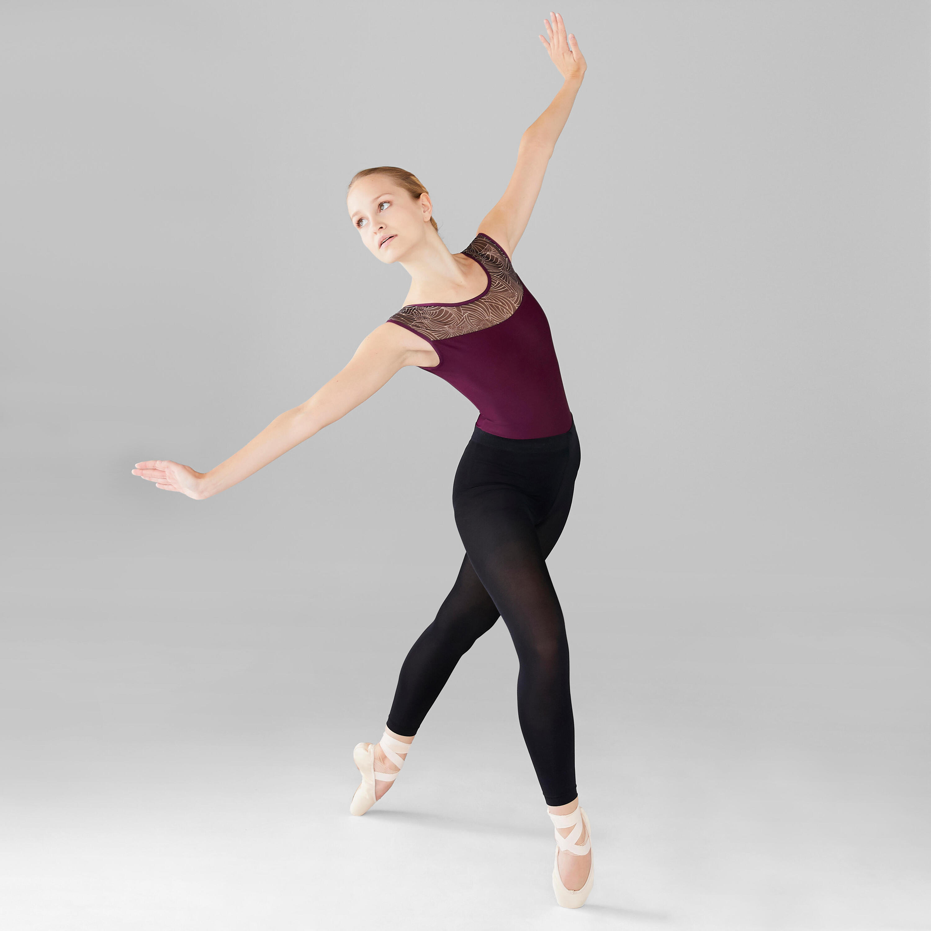 Women's Mixed Media Short-Sleeved Ballet Leotard - Plum 3/14