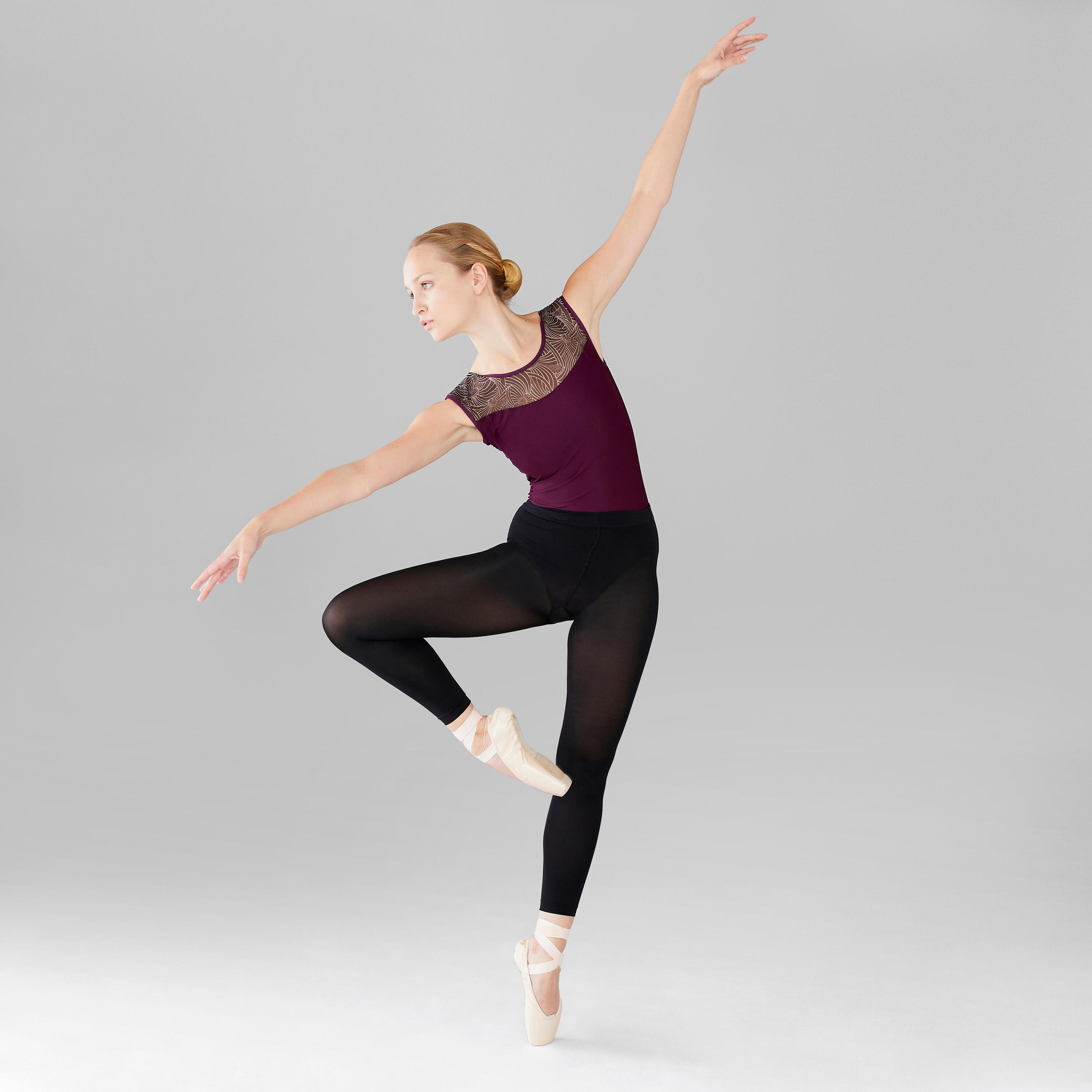 Women's Mixed Media Short-Sleeved Ballet Leotard - Plum 2/14