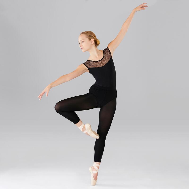 Justaucorps danse classique noir manches courtes bi-matière femme