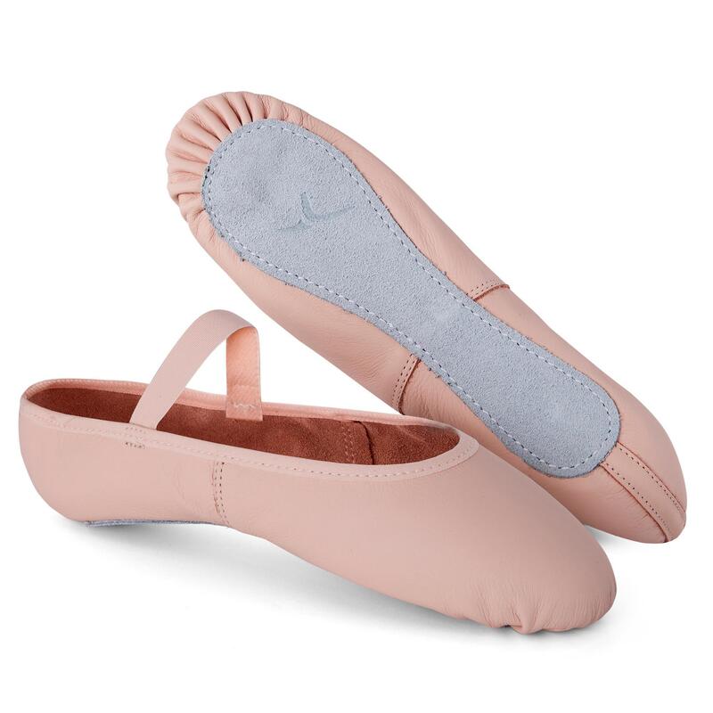 Balletschoenen leren demi-pointes met hele zool roze zonder koordje maat 25-40