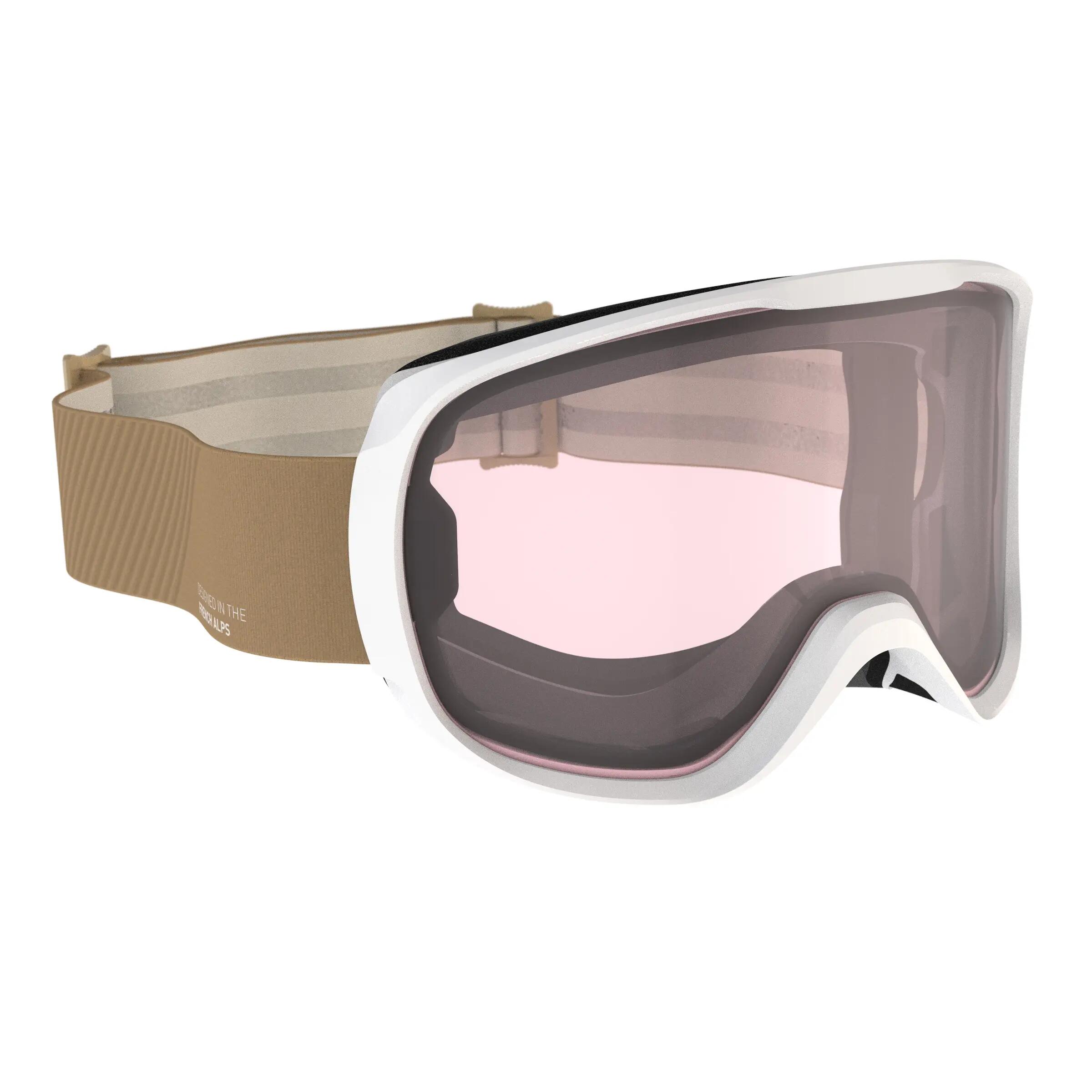 Women and Girl's Skiing and Snowboarding Goggles G 500 All Weather Beige 3/11