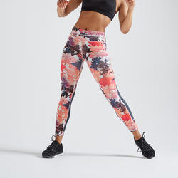 Mallas Mujer Fitness Vientre Plano Domyos FTI 520 Negro y Rosa Floreado