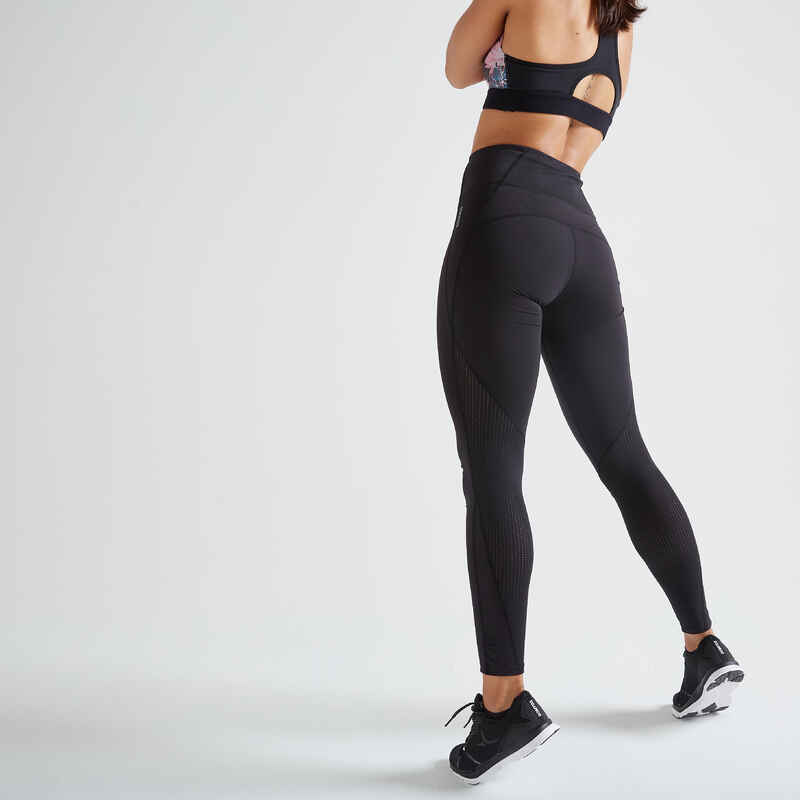 Leggings hoher Bund figurformend Fitness Cardio Damen schwarz