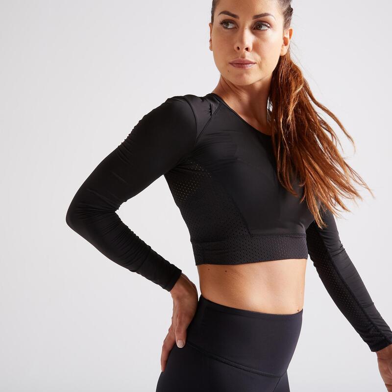 T-shirt donna fitness 900 crop top maniche lunghe nera