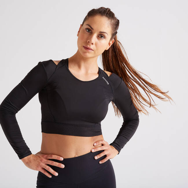 Women's Long Sleeve Gym Crop Top - Black