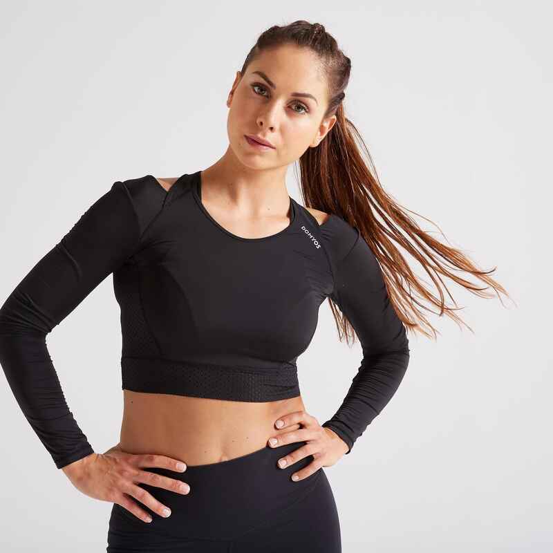 Camiseta fitness manga larga crop top Mujer Domyos Negro - Decathlon