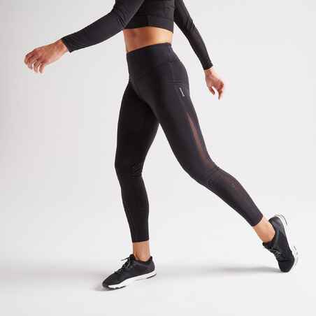 Women's High-Waisted Bimaterial Cardio Fitness Leggings - Khaki - Decathlon