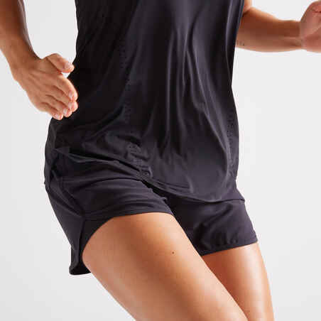 Shorts fitness 2 en 1 antirozaduras Mujer Domyos negro