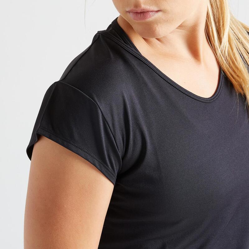 T-shirt voor cardiofitness dames slim fit V-hals zwart