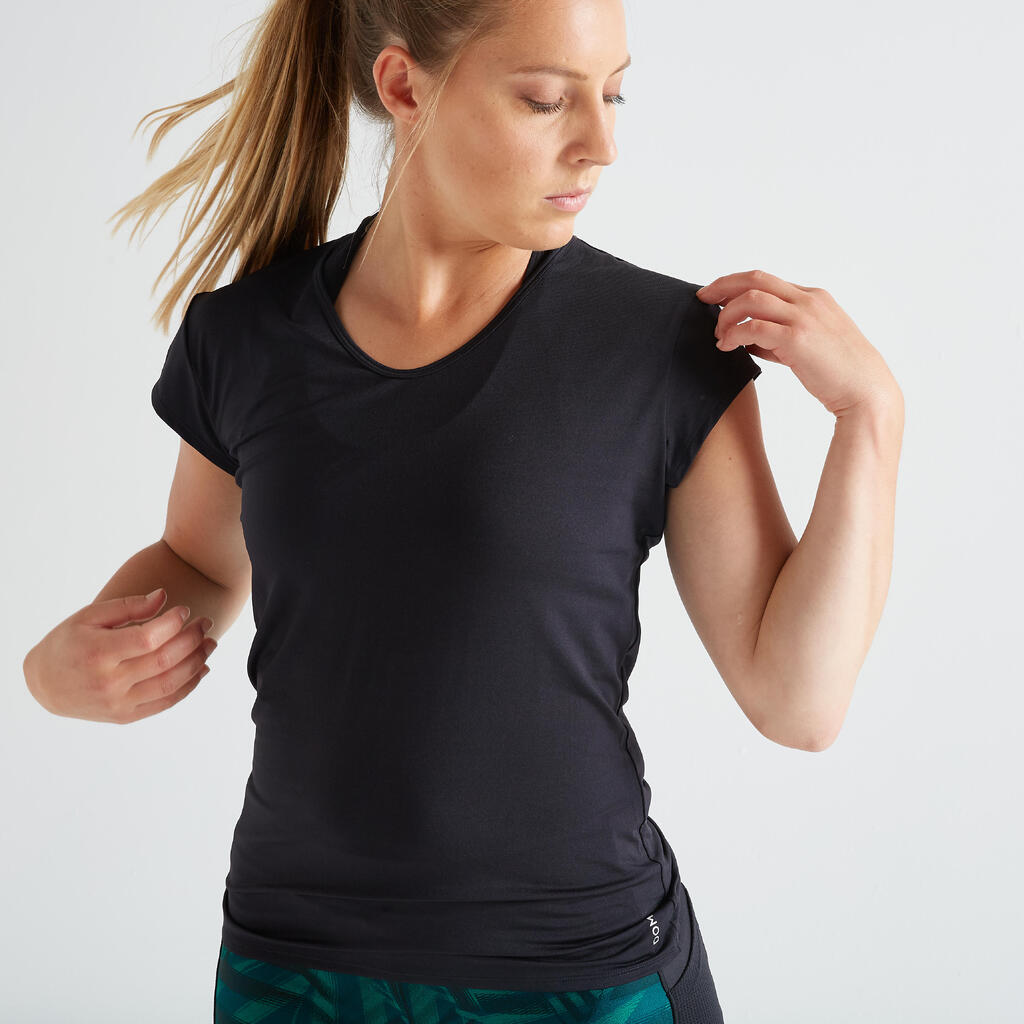 Sport T-Shirt Slim V-Ausschnitt Damen - schwarz
