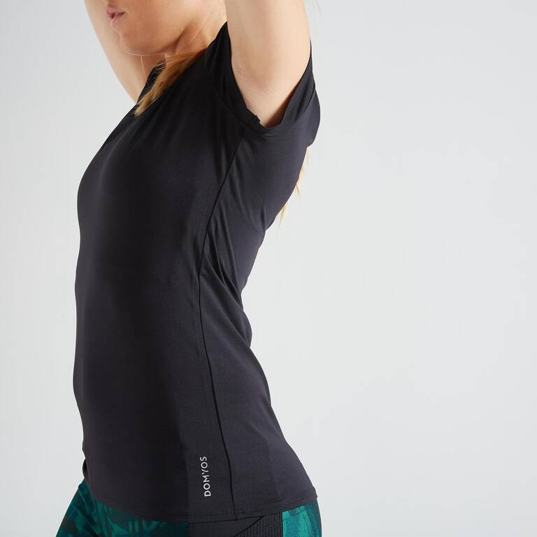 T-shirt V-Neck Cardio Fitness Ramping Wanita - Hitam