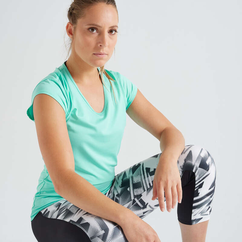 ROUPA PRINCIPIANTE CARDIO MULHER Cardio Training - T-shirt Cardio 100 Azul DOMYOS - Roupa Cardio Mulher