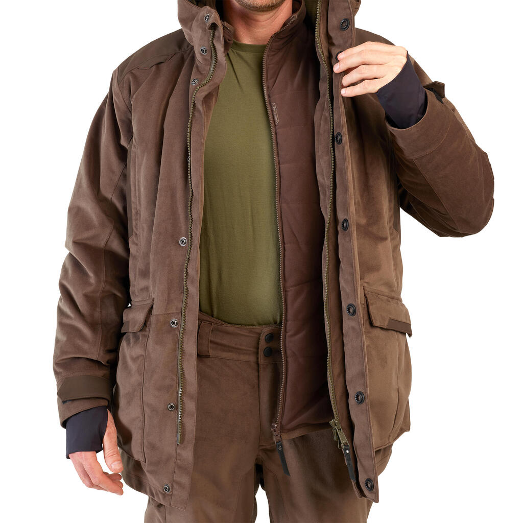 CHAQUETA DE CAZA HOMBRE BGP900 3 EN 1 IMPERMEABLE CAFÉ