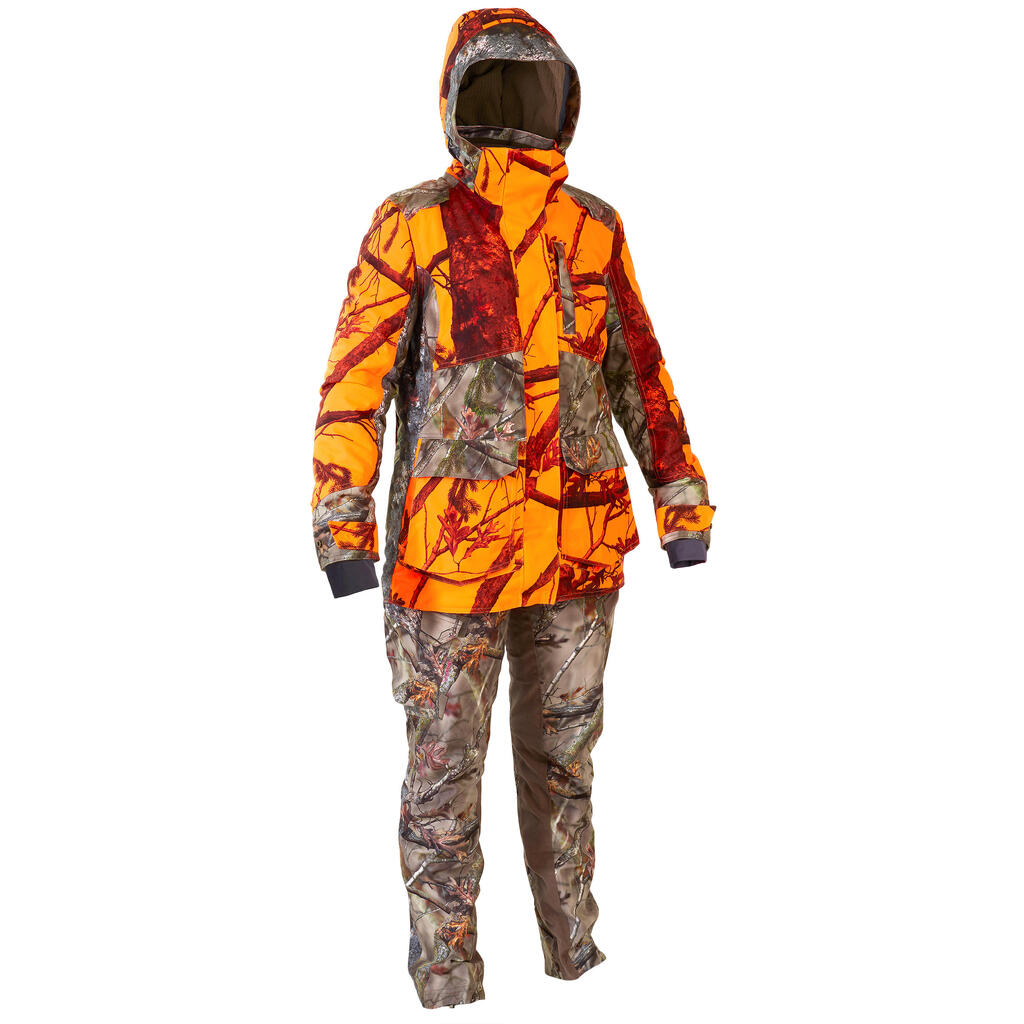 Jagdjacke Regenjacke 500 Damen 3-in-1 warm geräuscharm camouflage/orange 