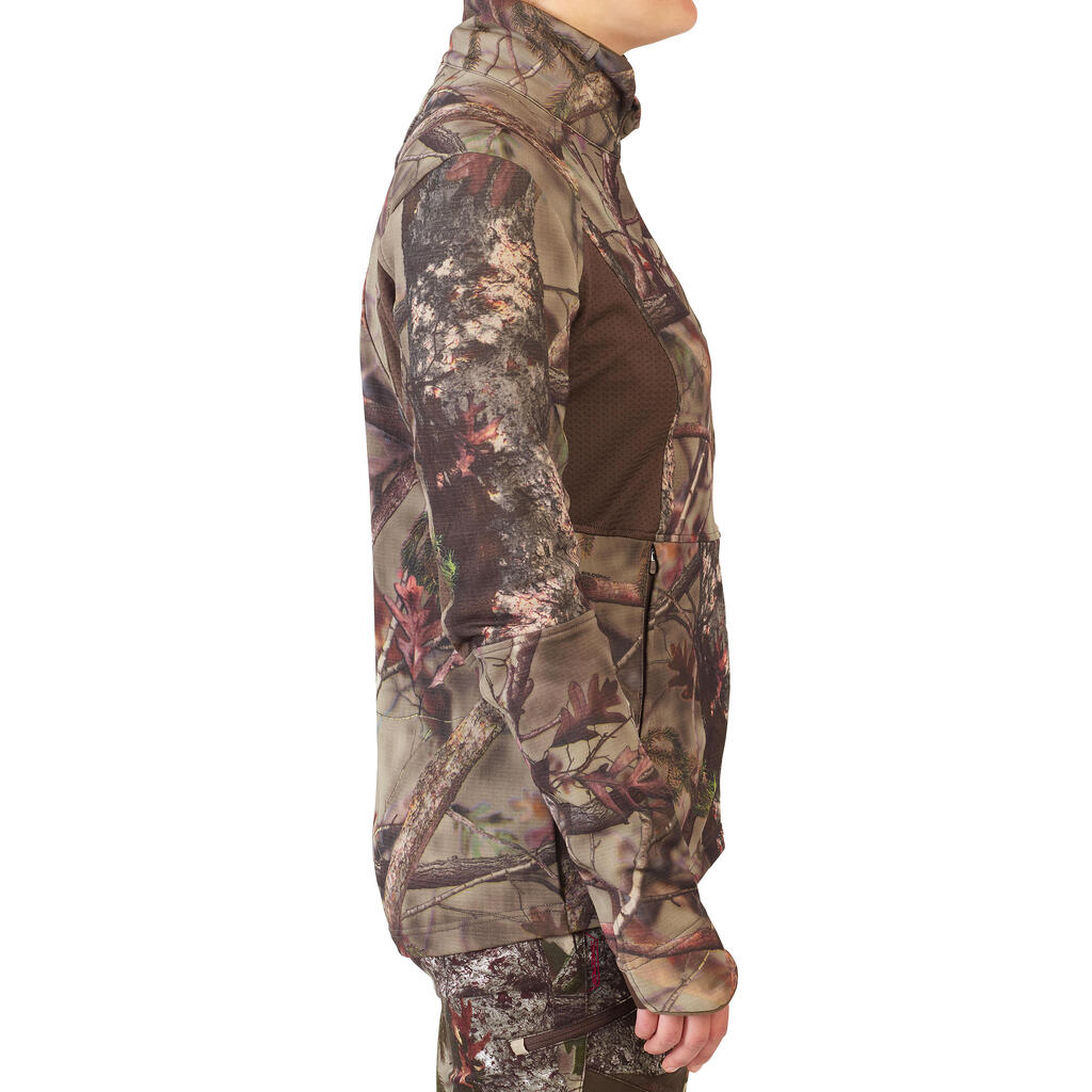 Sieviešu elpojoša, klusa, silta viegla medību jaka “500”, brūna ar kamuflāžas rakstu