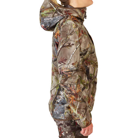 Kamuflažna ženska tiha i vodootporna jakna za lov 500