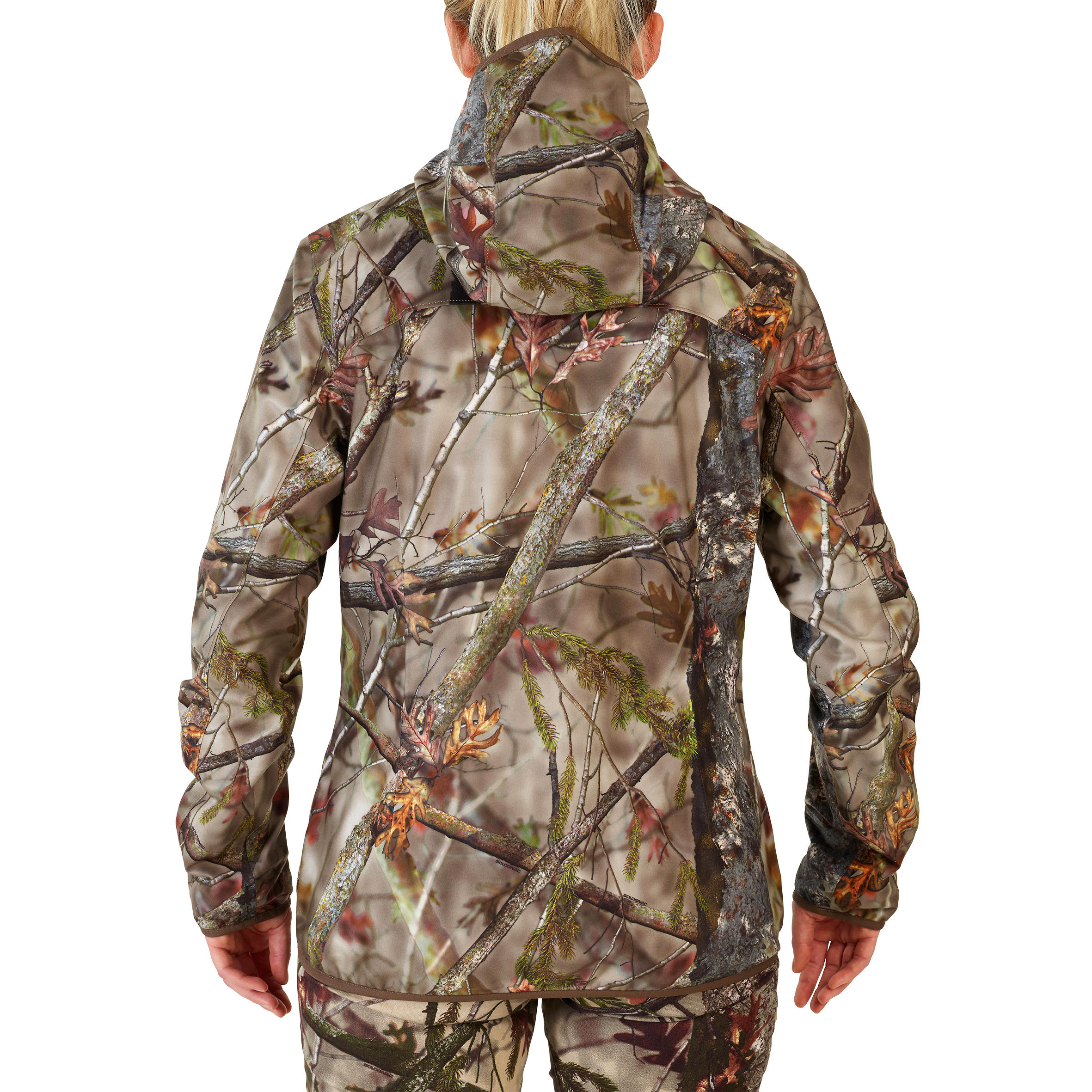 VESTE CHASSE FEMME IMPERMEABLE  SILENCIEUSE CAMOUFLAGE 500 4/15