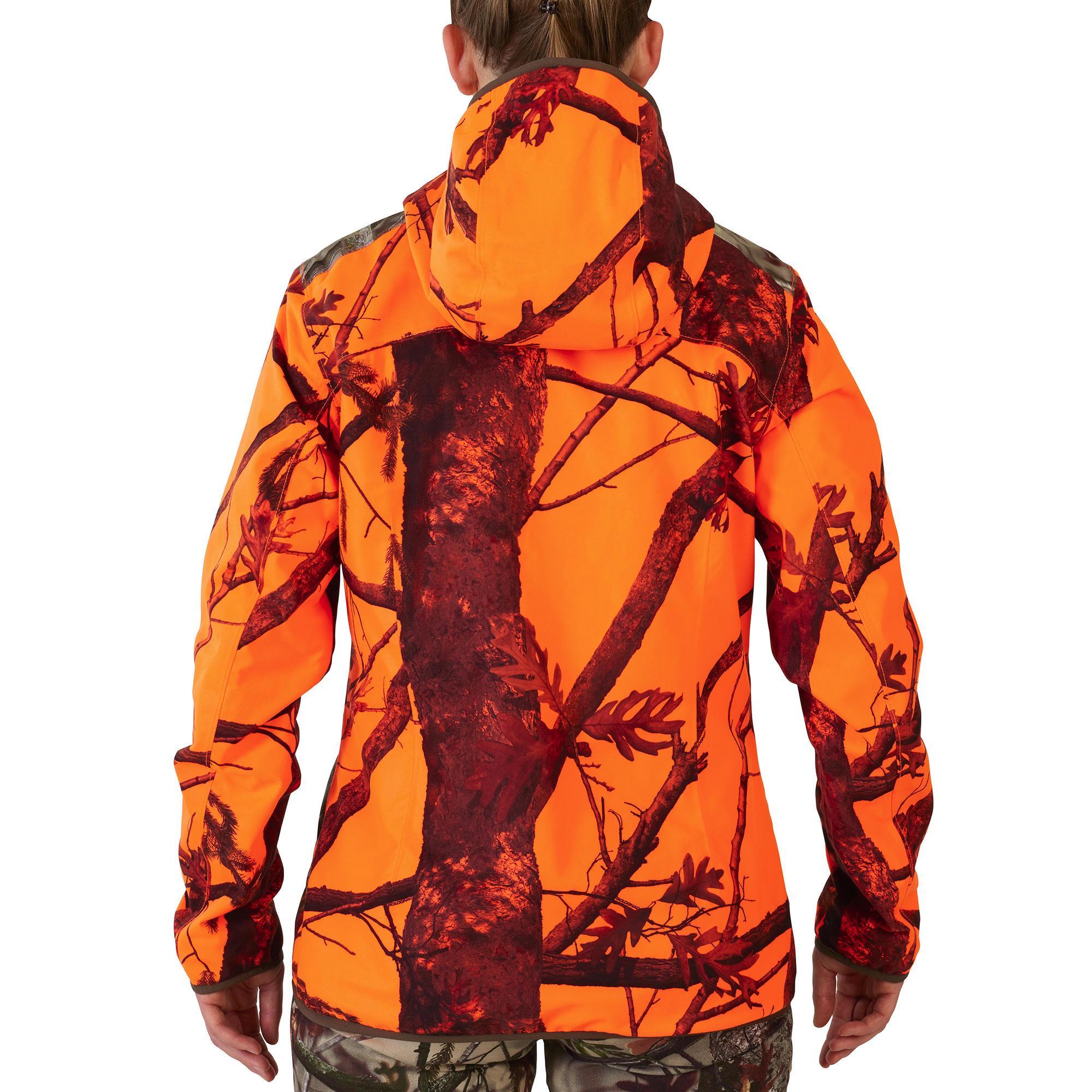 WOMEN'S SILENT WATERPROOF HUNTING JACKET CAMOUFLAGE FLUO 500