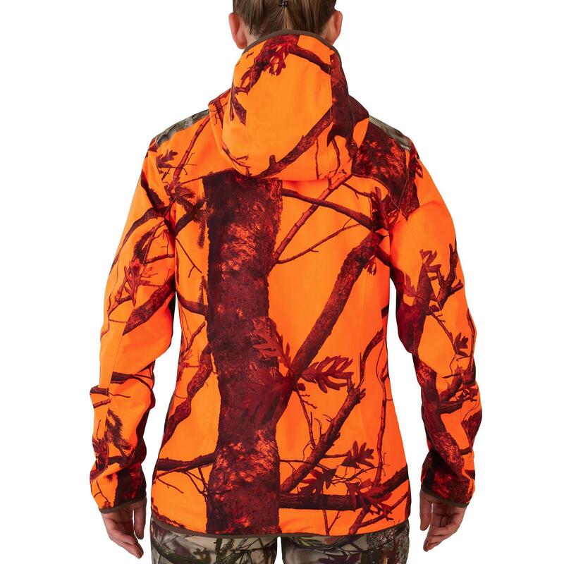 VESTE CHASSE FEMME IMPERMEABLE SILENCIEUSE CAMOUFLAGE FLUO 500