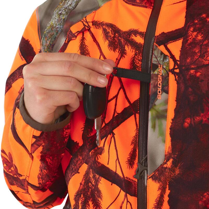 Chaqueta Caza Solognac 500 Mujer Impermeable Silenciosa Camuflaje Naranja Fluo