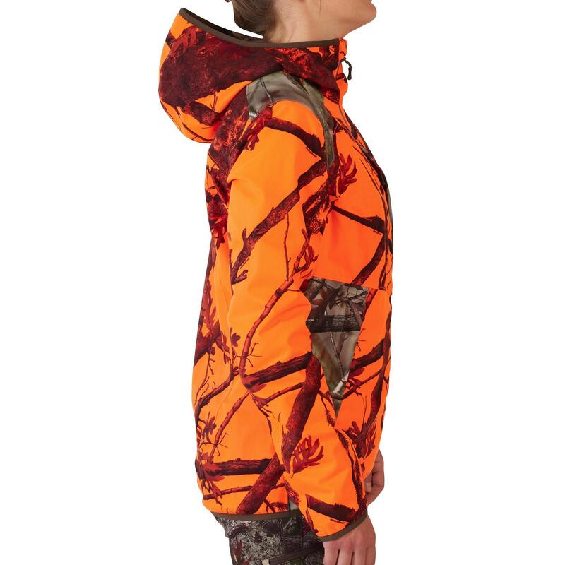 Dámská lovecká bunda nepromokavá nehlučná 500 maskovací fluo