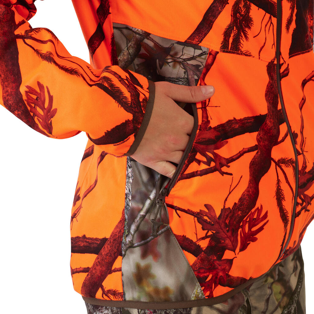 Jagdjacke Regenjacke 500 Damen geräuscharm camouflage/orange 