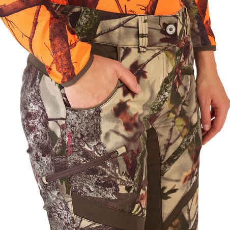 Moteriškos begarsės medžioklinės kelnės „500“, kamufliažinės