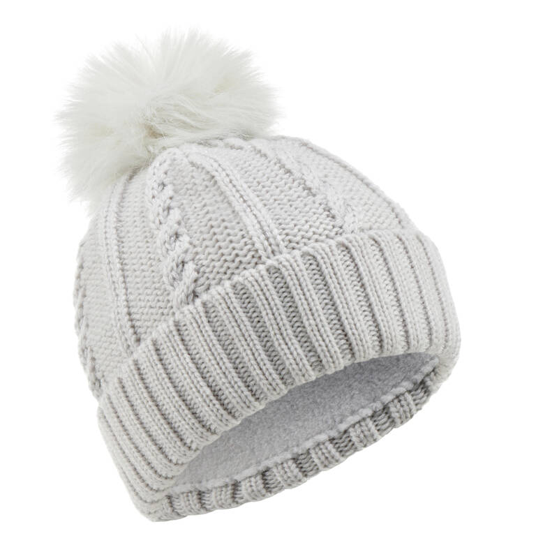 KIDS’ CABLE-KNIT FUR WOOL SKI HAT GREY