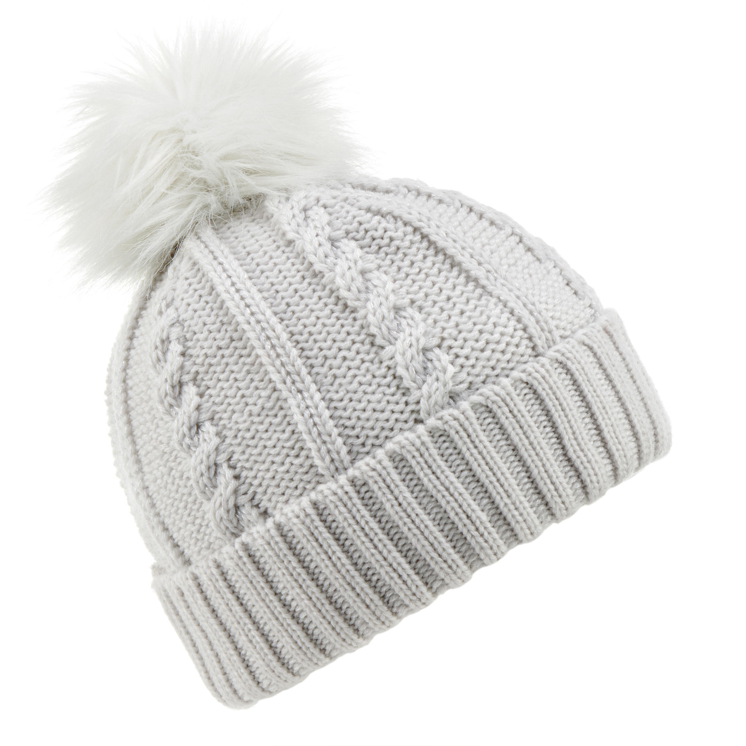 CHILDREN'S FUR CABLE KNIT SKIING HAT BEIGE 2/7
