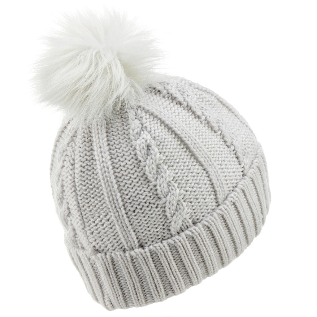 KIDS’ CABLE-KNIT FUR WOOL SKI HAT GREY