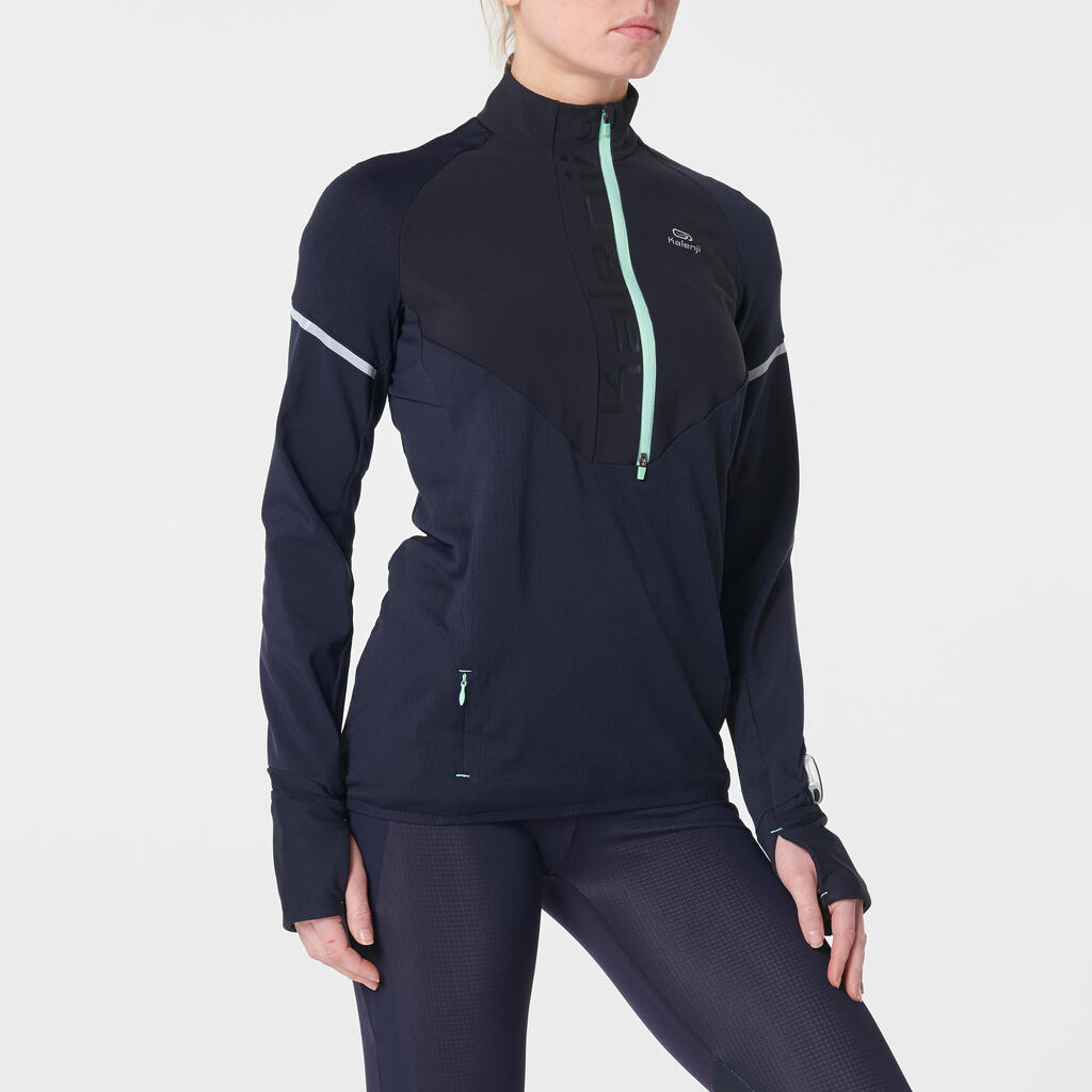 WOMEN'S RUNNING LONG-SLEEVED JERSEY WARM REGUL - BLUE GREEN