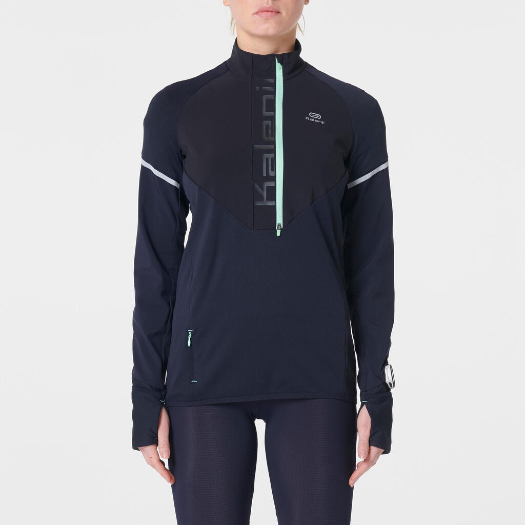 WOMEN'S RUNNING LONG-SLEEVED JERSEY WARM REGUL - BLUE GREEN