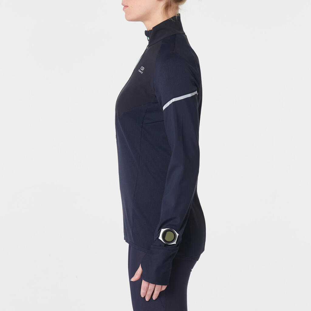 WOMEN'S RUNNING LONG-SLEEVED JERSEY WARM REGUL - BLUE GREEN