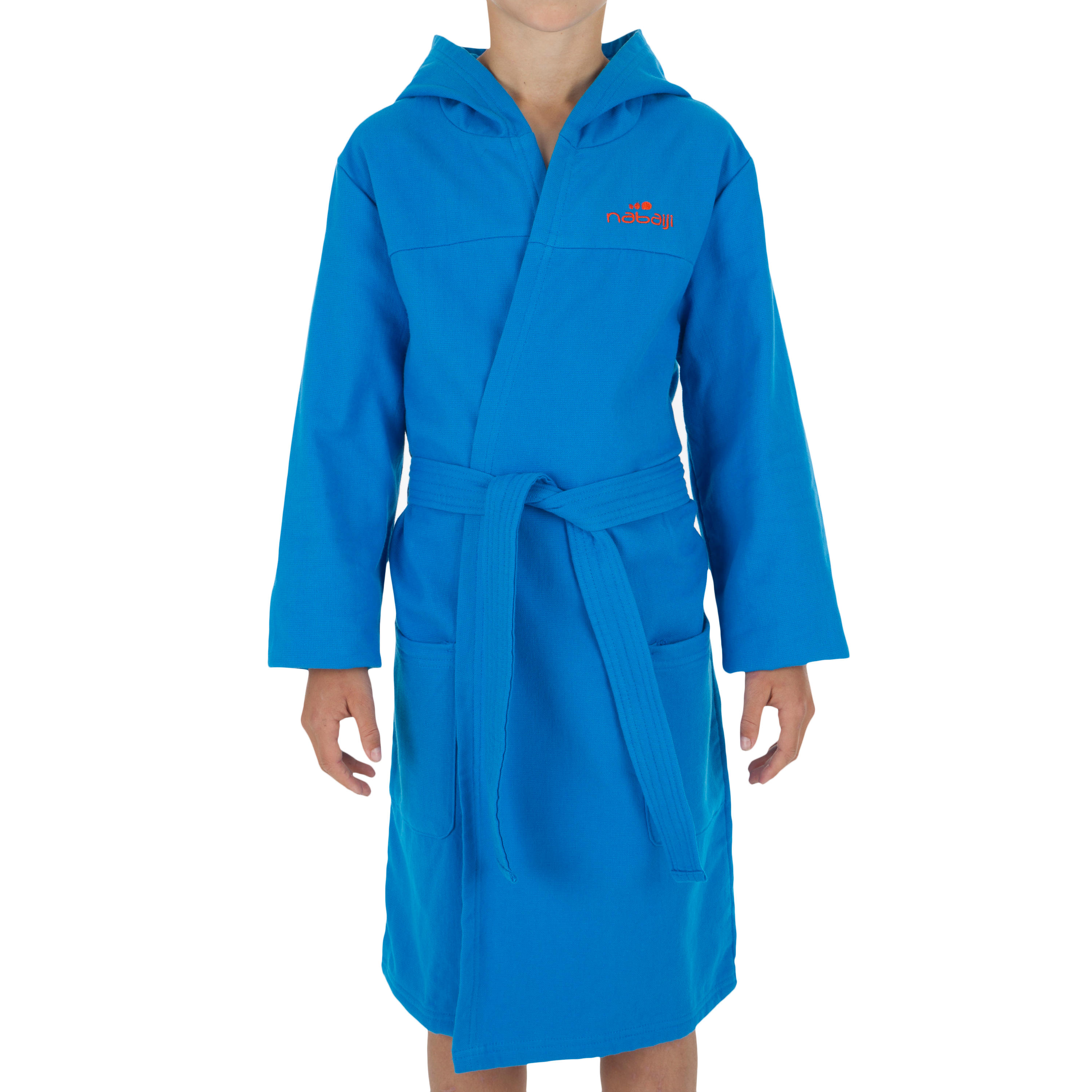 Kids' Lightweight Cotton Pool Bathrobe with Hood, Pocket and Belt - Light Blue 2/6