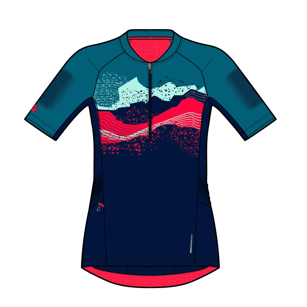 Women's Short-Sleeved Mountain Bike Jersey ST 500 - Turquoise/Navy