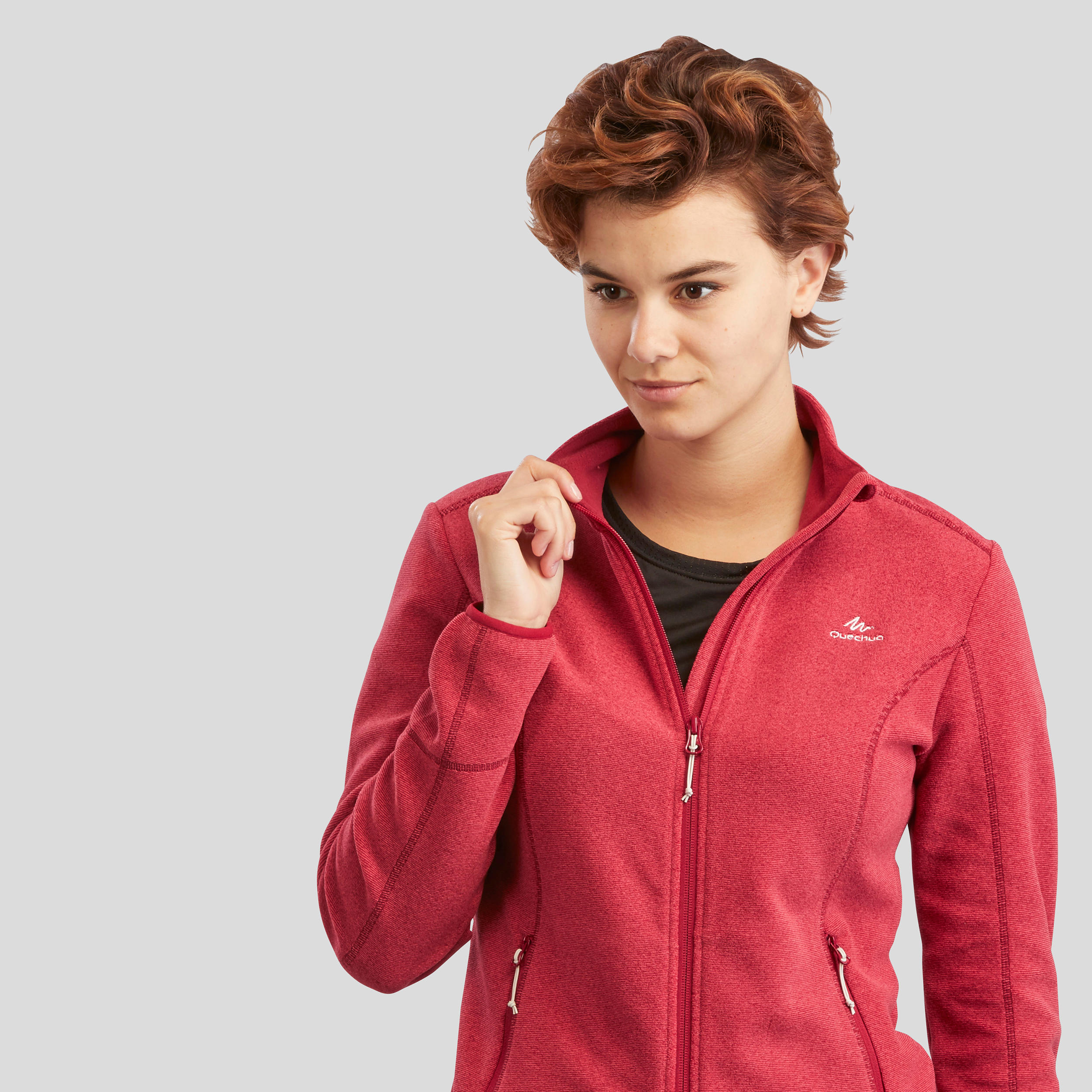 Women Sweater Full-Zip Fleece for Hiking MH100 Coral Red