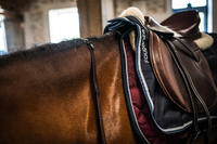 Selle polyvalente en cuir, arçon réglable équitation cheval PADDOCK marron 17,5"