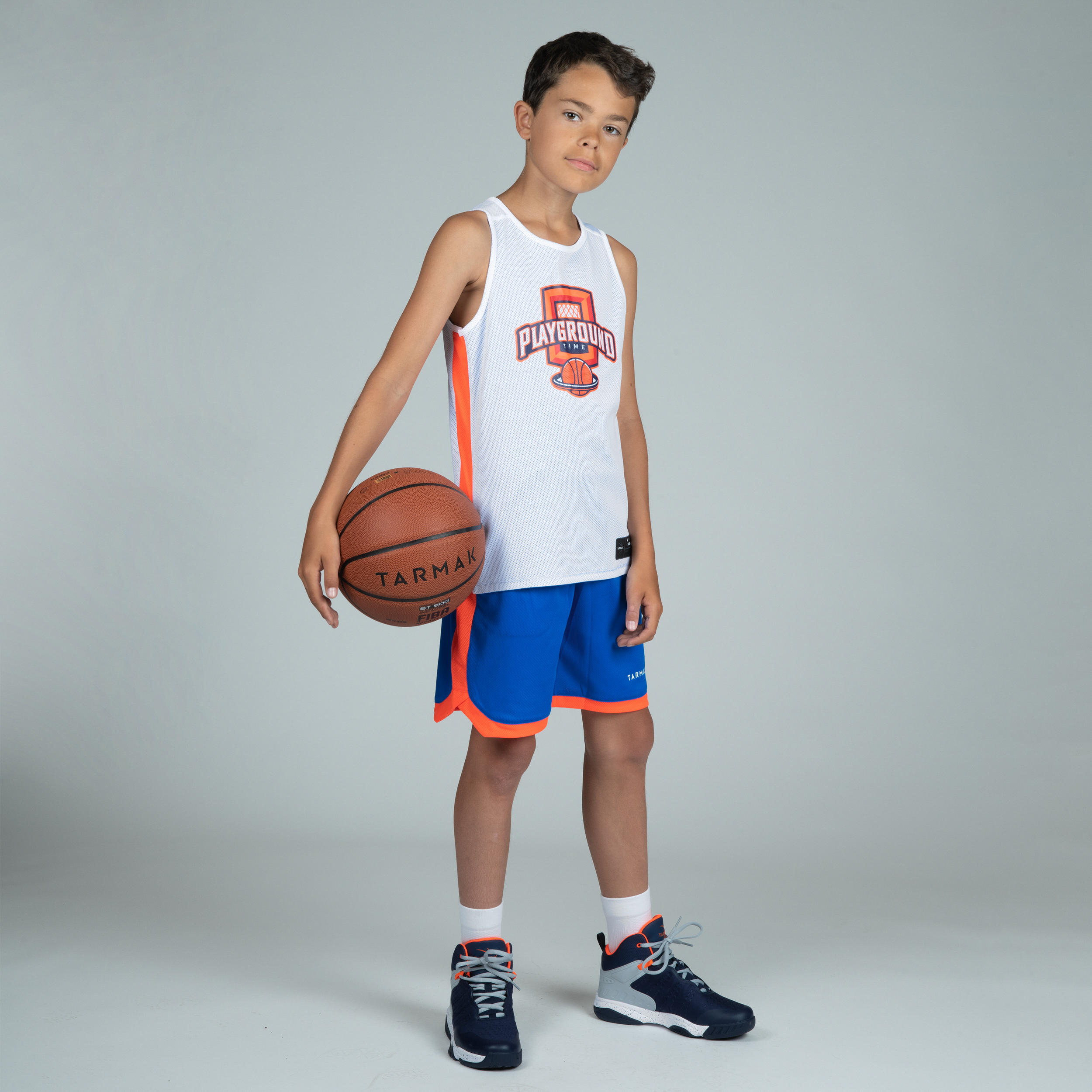 SH500R Boys'/Girls' Intermediate Basketball Reversible Shorts Blue/White/Orange 5/9