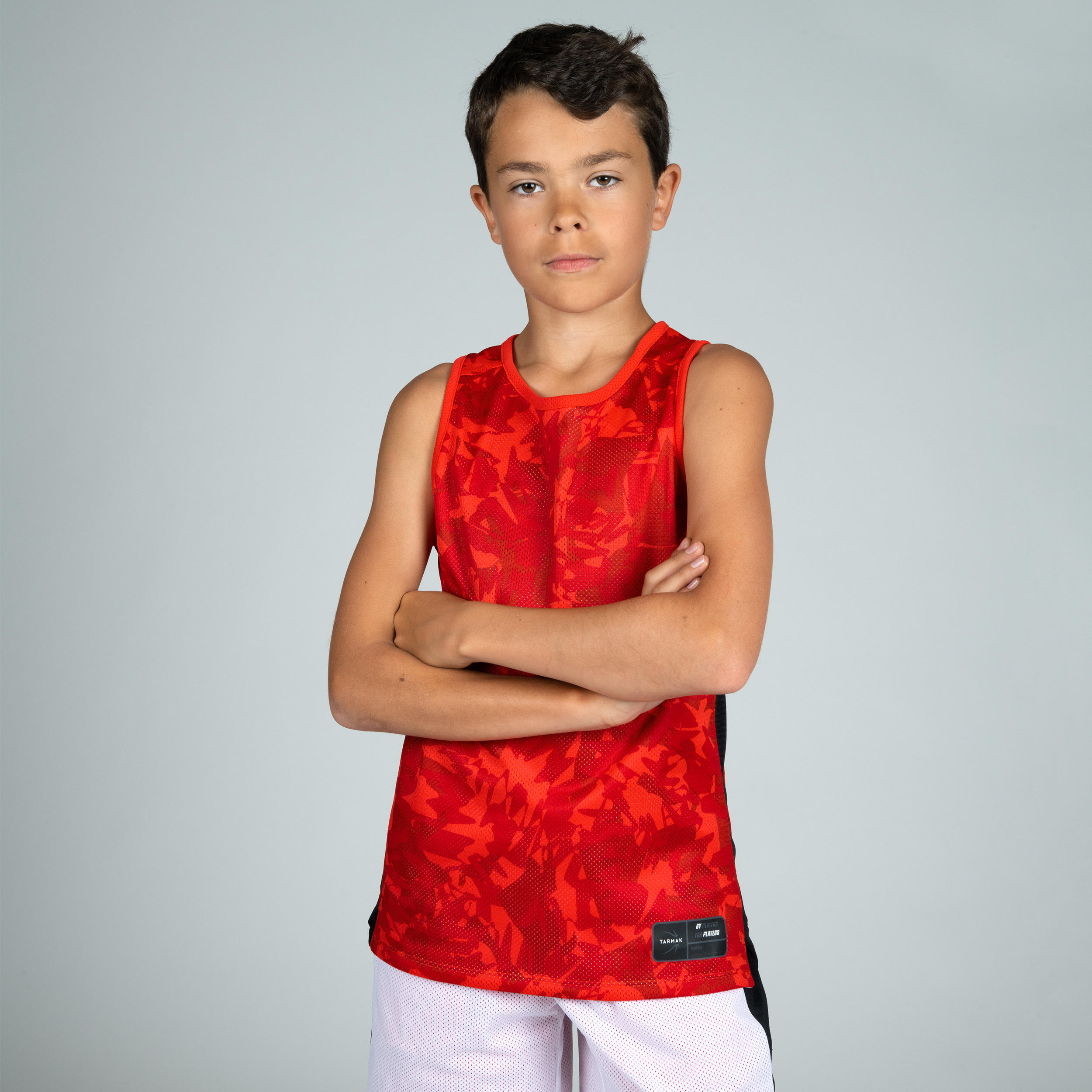 Kids' Reversible Sleeveless Basketball Jersey T500R - Red/White Ball 5/8