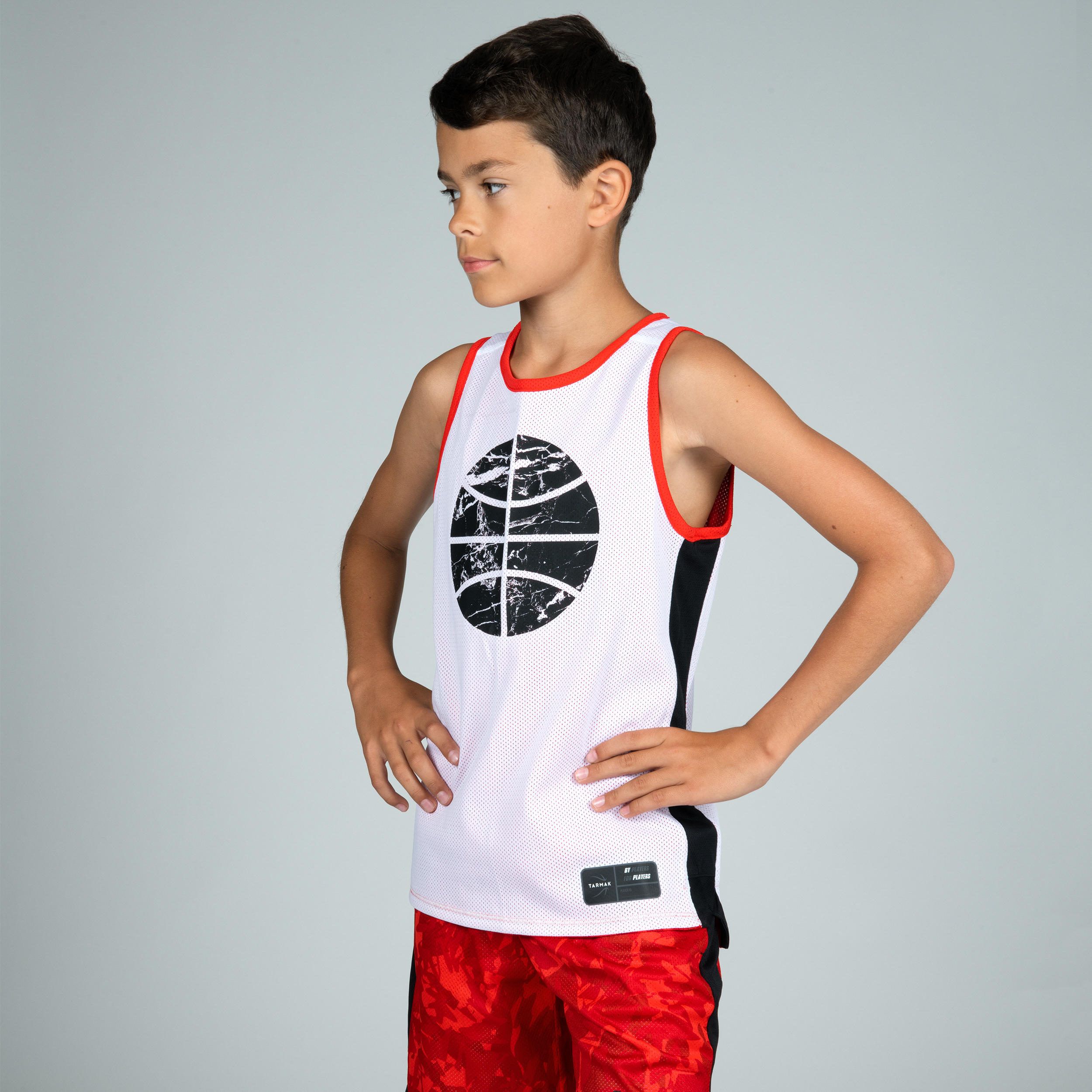 Kids' Reversible Sleeveless Basketball Jersey T500R - Red/White Ball 2/8