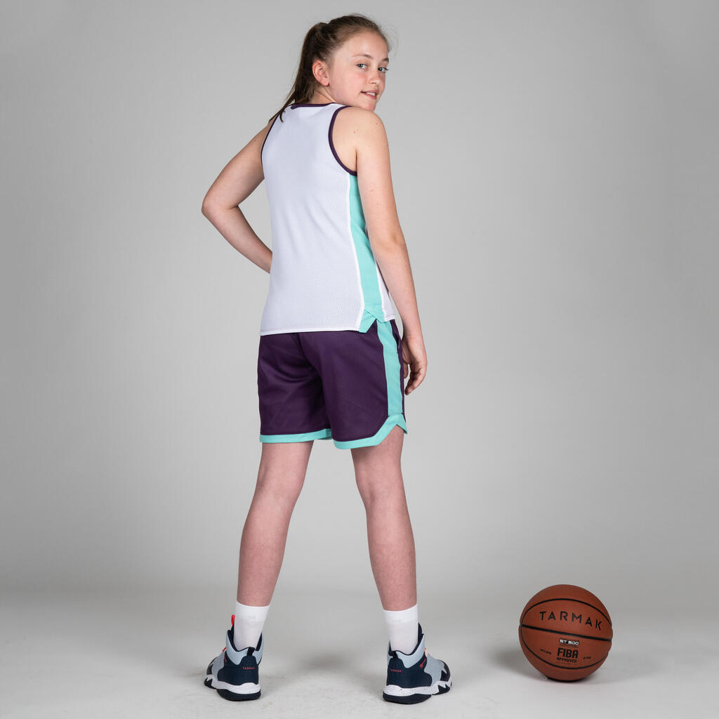 Obojstranné basketbalové šortky SH500R dievčatá/chlapci pokročilí fialovo-biele