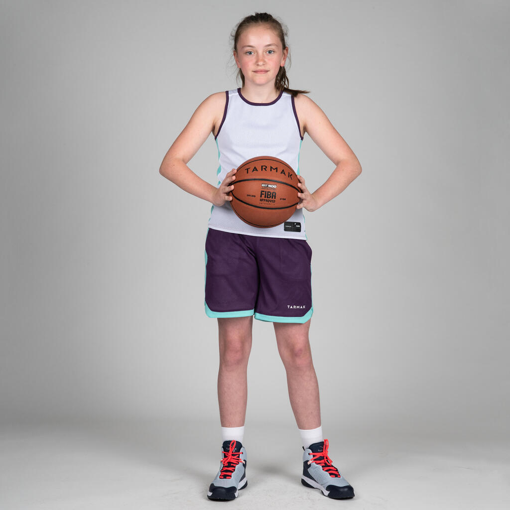 Obojstranné basketbalové šortky SH500R dievčatá/chlapci pokročilí fialovo-biele