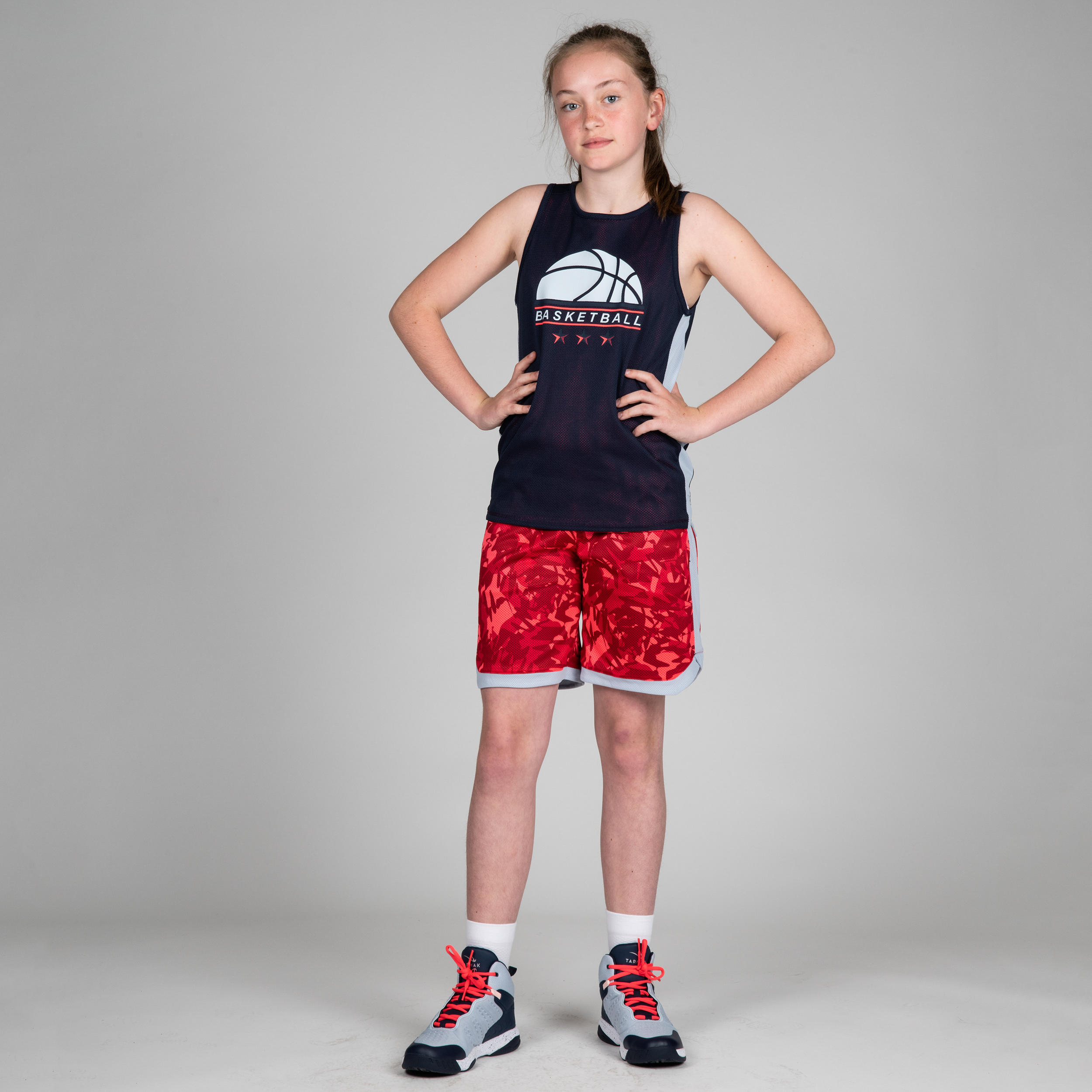SH500R Boys'/Girls' Intermediate Basketball Reversible Shorts - Navy/Pink Print 8/11