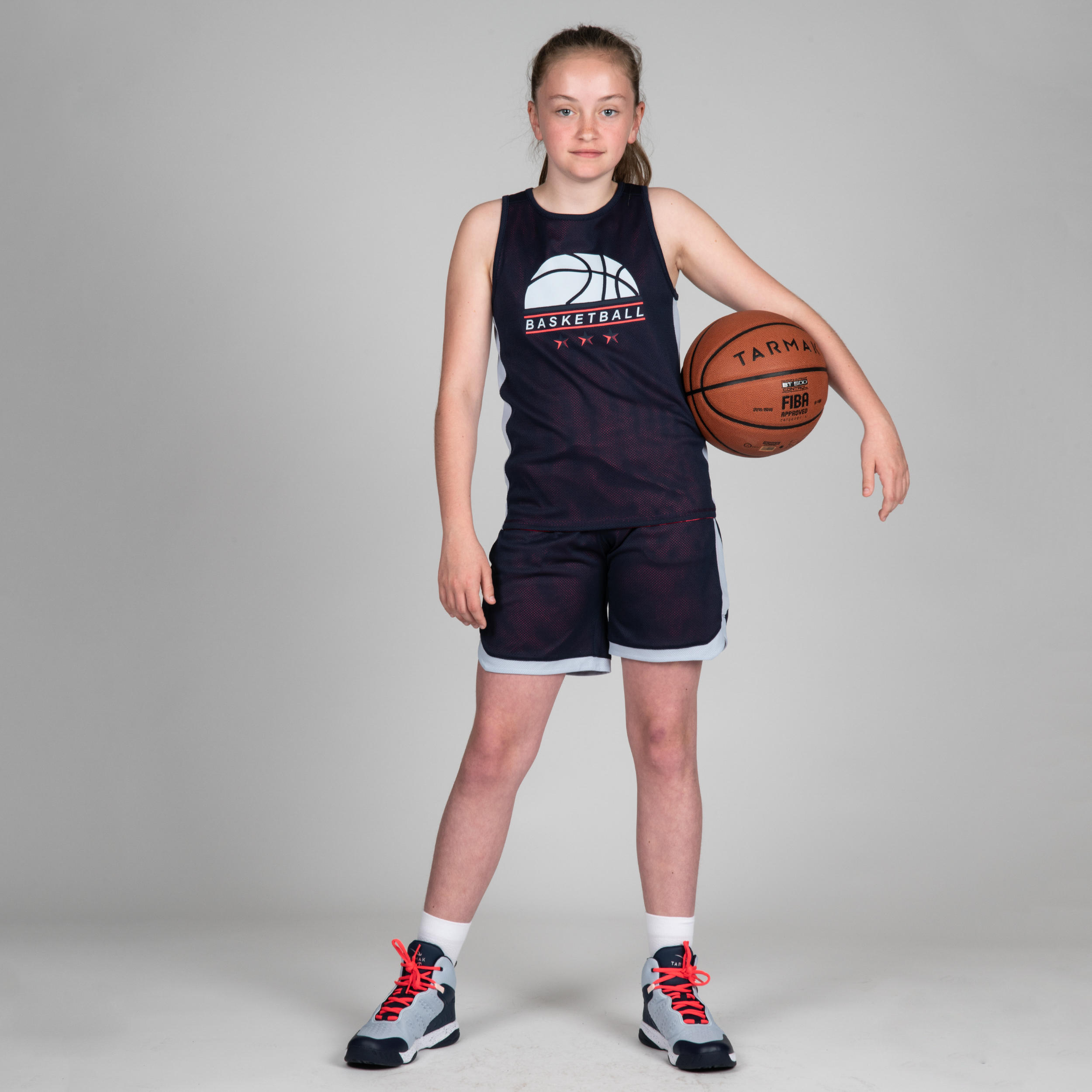 SH500R Boys'/Girls' Intermediate Basketball Reversible Shorts - Navy/Pink Print 6/11