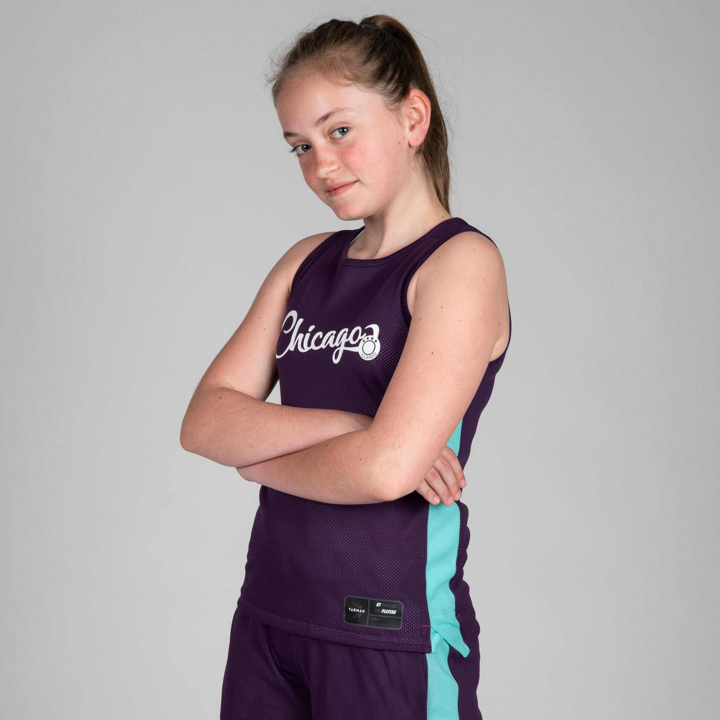 T500R Boys'/Girls' Intermediate Basketball Reversible Jersey - Purple/Chicago 6/16