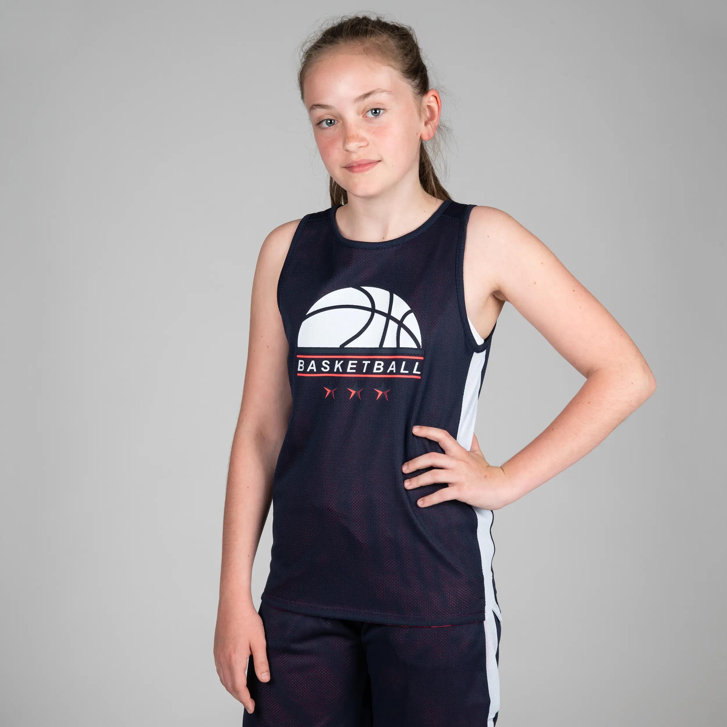 T500R Boys'/Girls' Intermediate Basketball Reversible Jersey - Pink/Navy BBL 10/11
