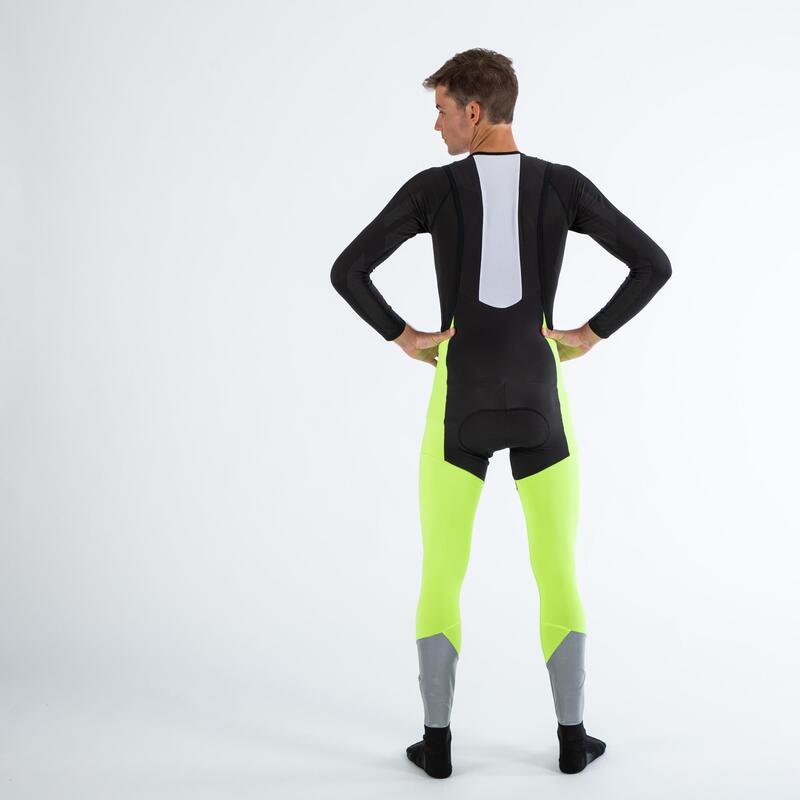 Lange fietsbroek met bretels RC500 fluogeel zichtbaarheid volgens EN1150