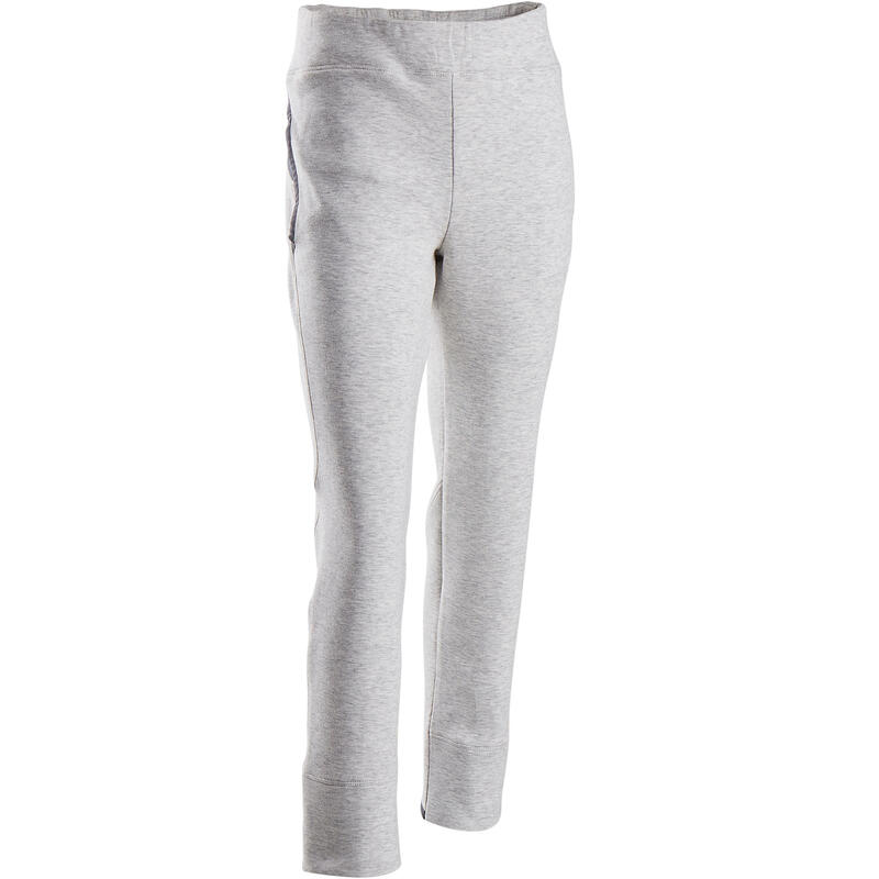 Warme ademende sportbroek gym meisjes 500 slim fit katoen gemêleerd lichtgrijs