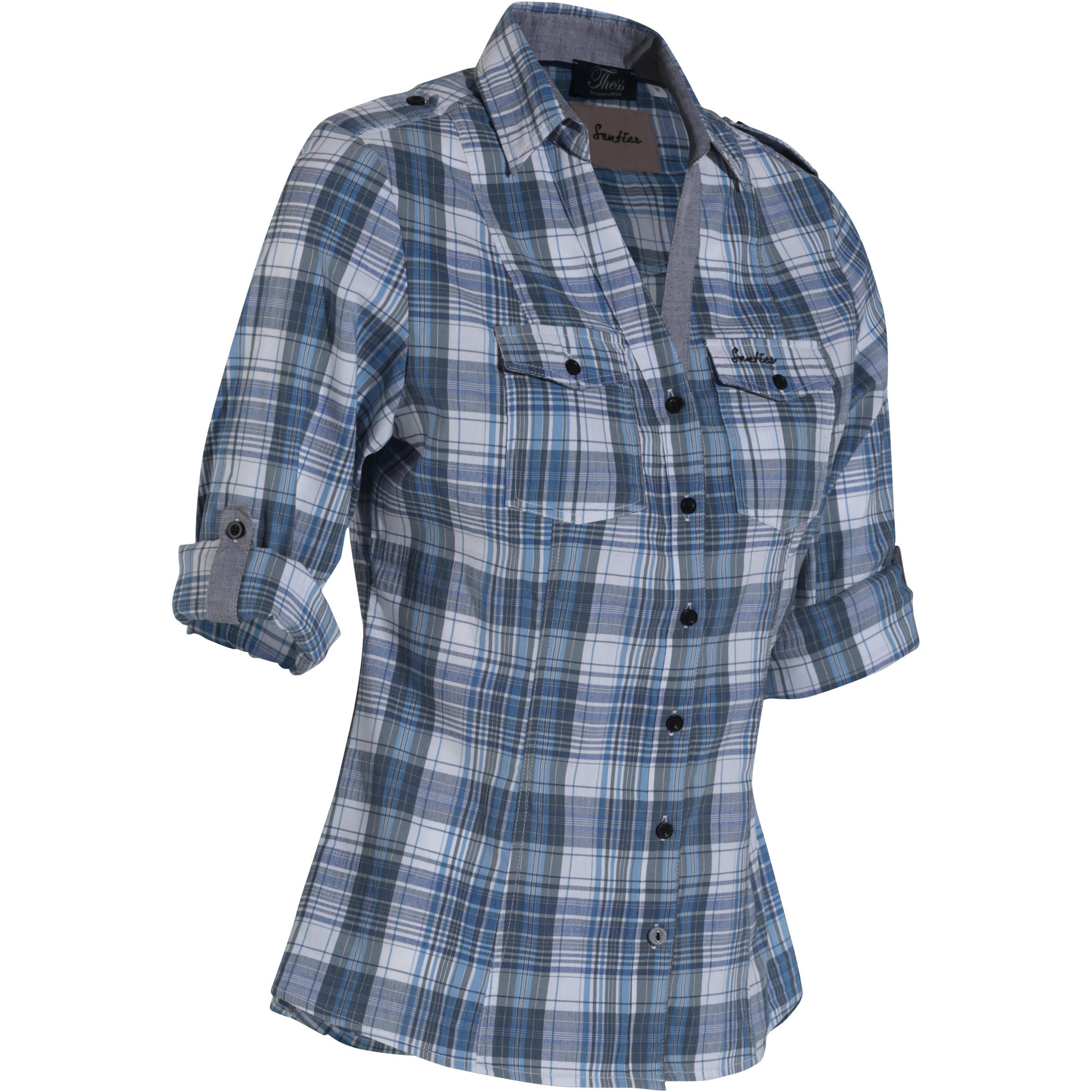 OKKSO Sentier Women's Long-Sleeved Horse Riding Shirt - Chequered Blue/White